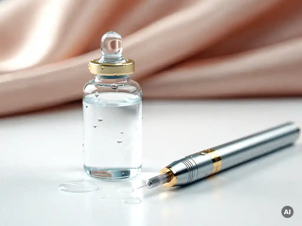 Glazen ampul met helder serum naast een microneedling pen op wit klinisch oppervlak, zachte diffuse belichting.
