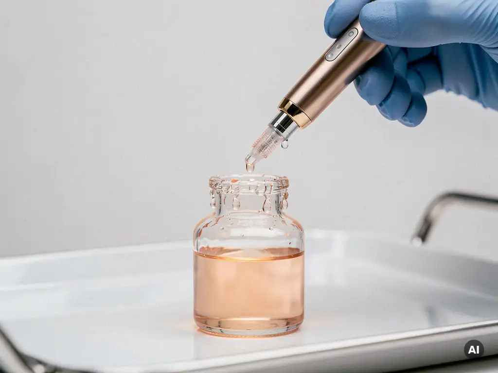 Microneedling pen met glazen ampul skinbooster serum op wit klinisch dienblad, vastgehouden door gehandschoende hand.