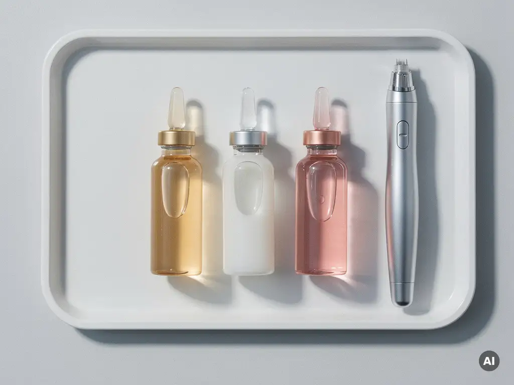 Drie glazen serumflacons met gouden, witte en roze microneedling vloeistoffen op een wit medisch dienblad naast een microneedling pen.