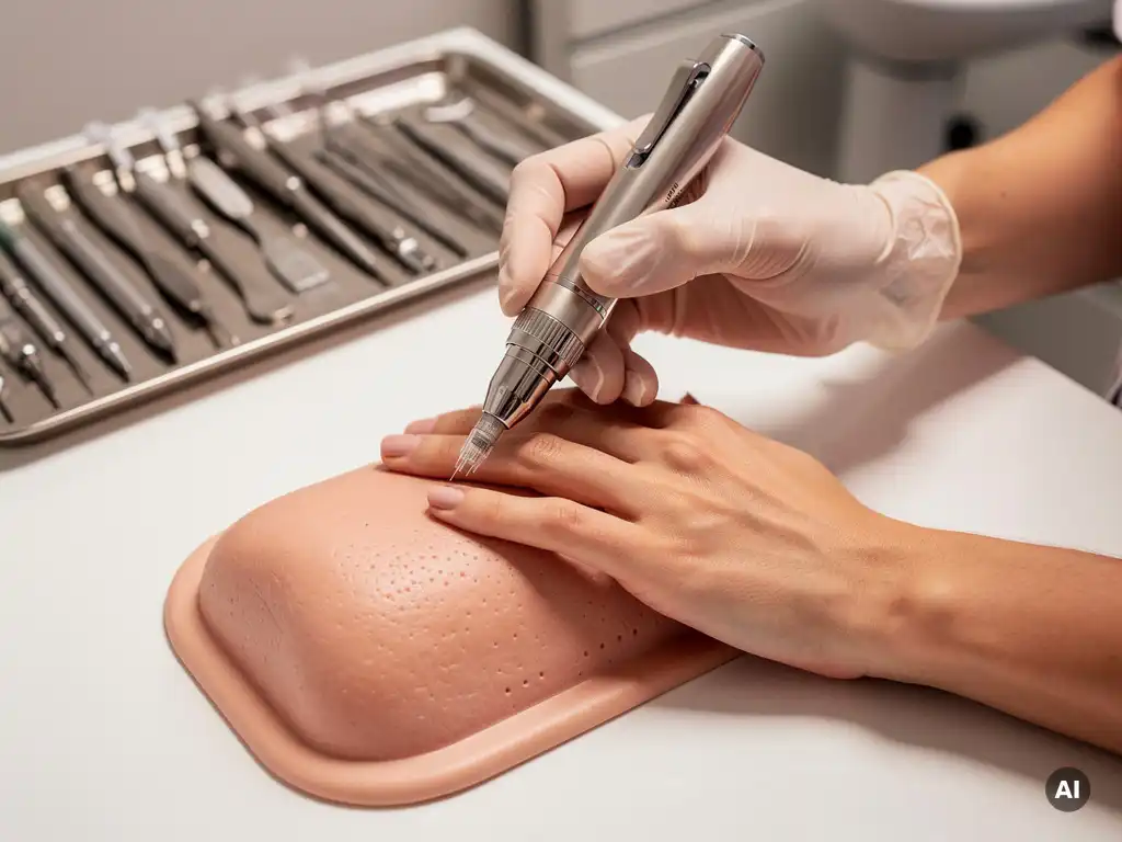 Ervaren schoonheidsspecialiste begeleidt trainee bij microneedling behandeling met professionele pen op oefenhuid in klinische omgeving.