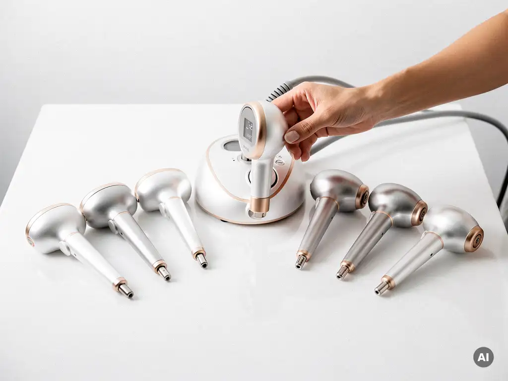 Modulaire laser- en IPL-apparaat met verwisselbare handstukken in boogvorm op witte behandeltafel, zilver en champagnekleurig design.