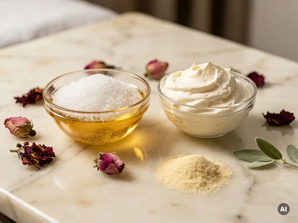 Marmeren behandeltafel met glazen kommetjes gevuld met peeling en serum, omringd door gedroogde rozenblaadjes en vitamine C-poeder.