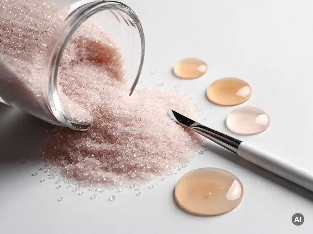 Glazen kom met fijne exfoliërende korrels op wit oppervlak, naast een cosmetische spatel en serumdruppels.