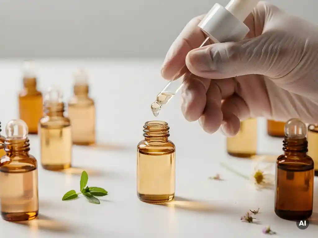 Estheticienne in handschoen rangschikt glazen flacons met amber en parelkleurige peeling serums op wit klinisch oppervlak.
