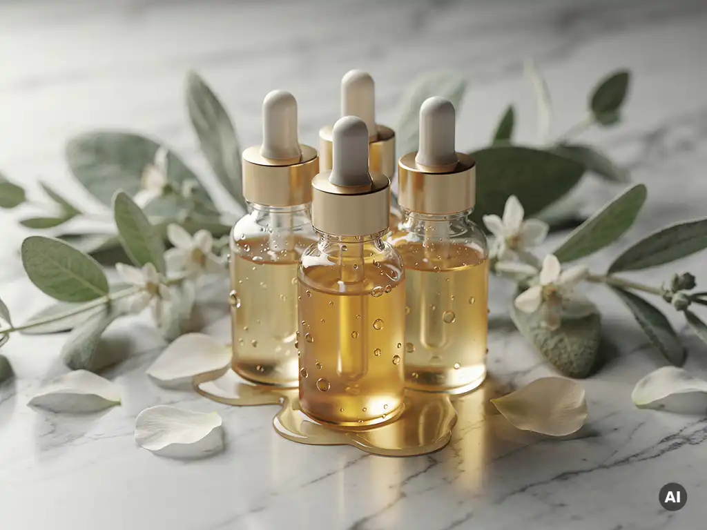 Glazen flacons met plantaardig exosoom serum omringd door botanische bladeren en witte bloemblaadjes op marmeren ondergrond.