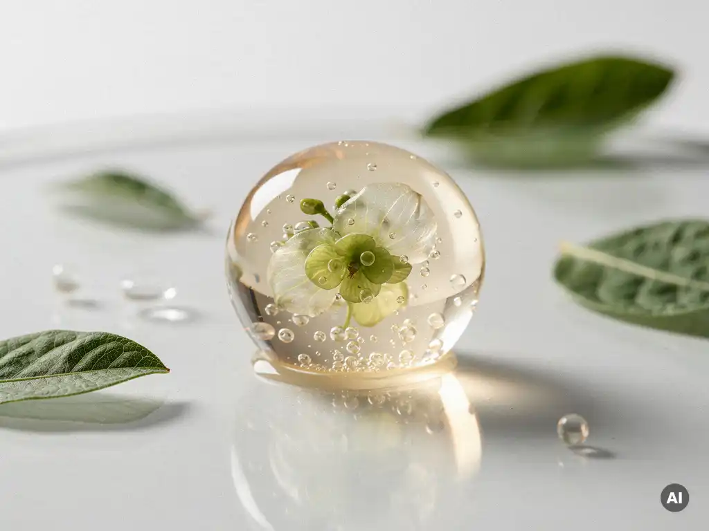 Microscopische plantcellen en lichtgevende bolletjes in een heldere serumdruppel op glas, omringd door botanische bladfragmenten.