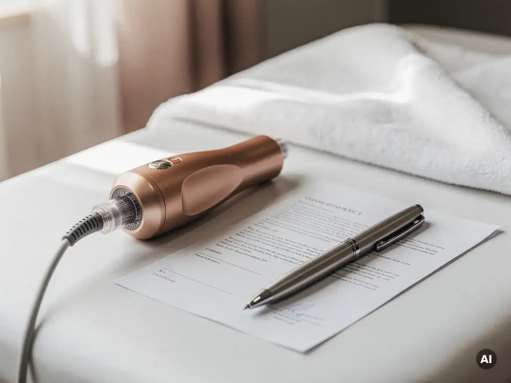 RF-microneedling apparaat op witte behandeltafel naast een contract en zilveren pen, zachte klinische sfeer.