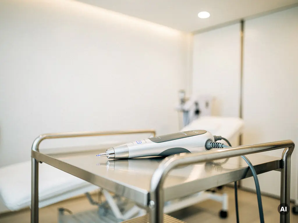 RF-microneedling apparaat op een behandelwagen in een stijlvolle medisch-esthetische behandelkamer met witte muren en zacht licht.
