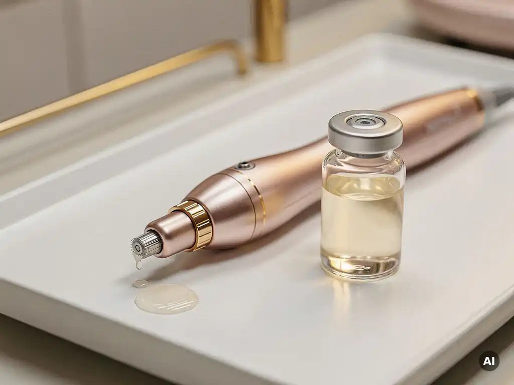 RF microneedling handstuk naast een glazen flesje exosomenserum op een witte klinische tray, met gouden en parelwitte tinten.