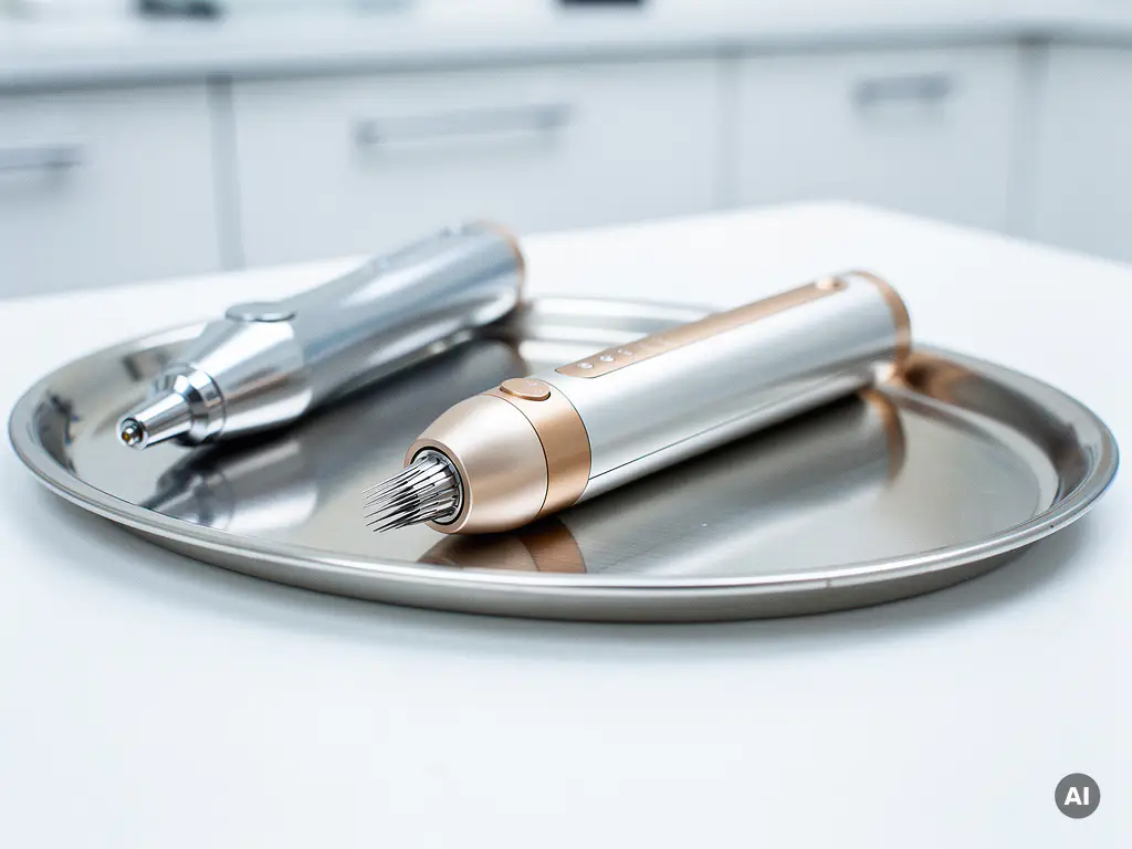 Twee RF-microneedling handstukken op een witte klinische tray, met zichtbare naaldpunten en metallic oppervlakken in een moderne esthetische kliniek.