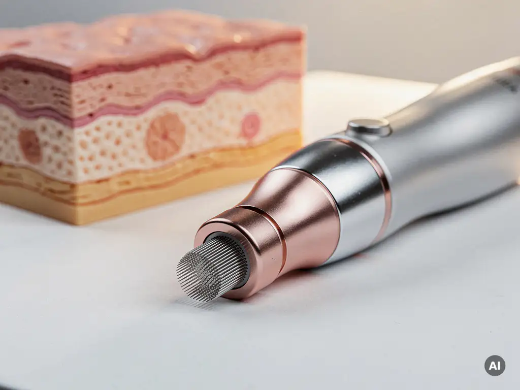 RF-microneedling handstuk met titanium naalden op witte klinische ondergrond, naast een huidmodel dat weefseldiepte toont.