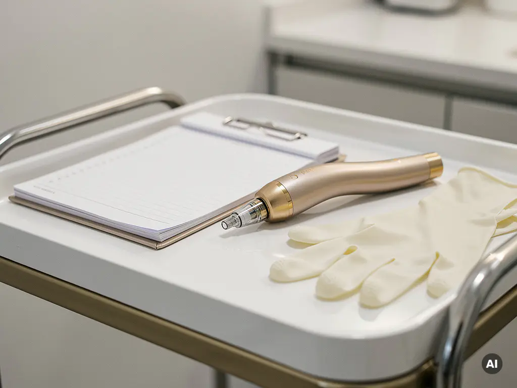 RF-microneedling handstuk op witte klinische tray naast een afsprakenplanner en steriele handschoenen in een moderne esthetische kliniek.