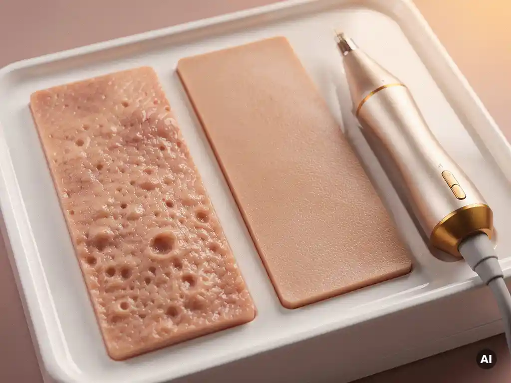 RF microneedling handpiece naast twee huidtextuurstalen op wit dienblad, één met zichtbare poriën en één verfijnd en egaal.