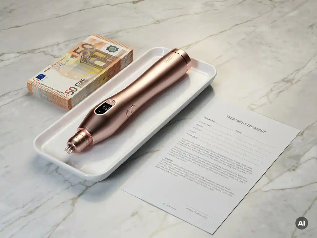 RF microneedling handstuk op witte klinische dienblad naast eurobiljetten en een behandelingstoestemmingsformulier.