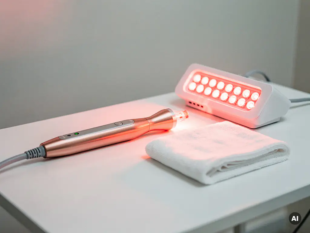 RF-microneedling handstuk naast een gloeiend LED-therapiepaneel op een witte klinische behandeltafel met warm rooskleurig licht.
