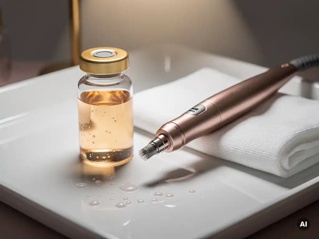 RF microneedling handstuk naast een glazen injectieflacon met skinbooster serum op een steriel wit klinisch dienblad.