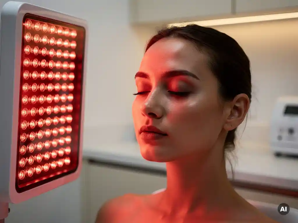 Vrouw ondergaat roodlichttherapie met LED-paneel dat een warm rozegouden gloed op haar huid werpt.