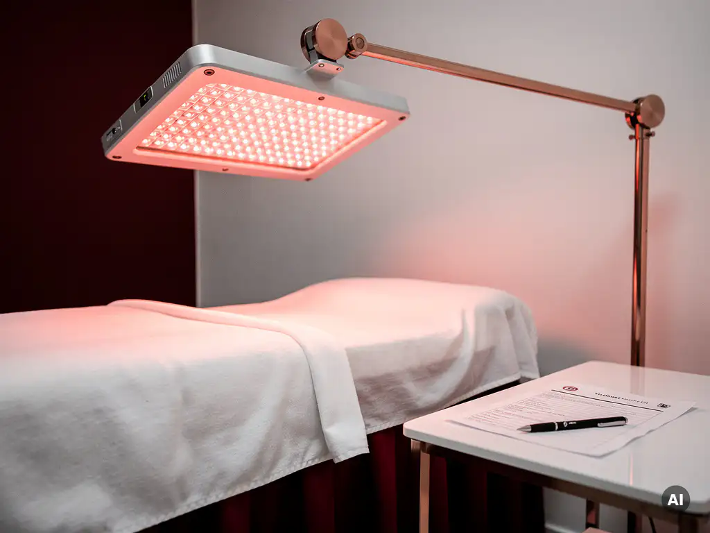 LED-therapiepaneel met rood en nabij-infrarood licht boven een behandelbed in een moderne esthetische kliniek.