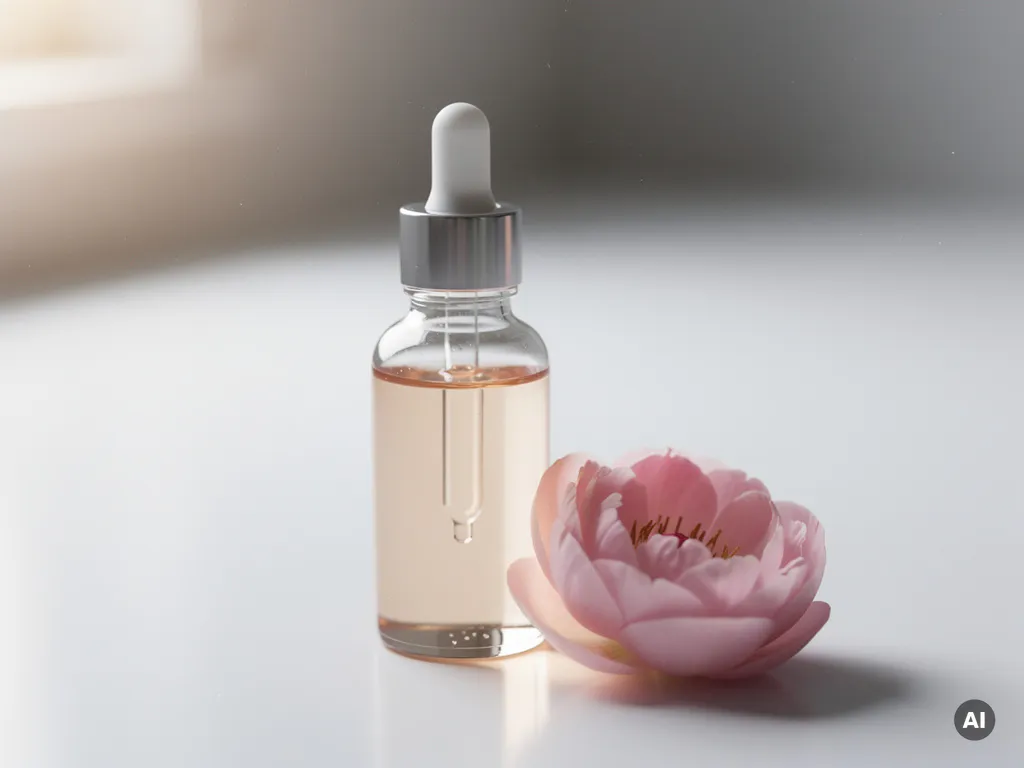 Glazen druppelflesje met transparant serum naast een roze pioenroos bloemblaadje op wit oppervlak.