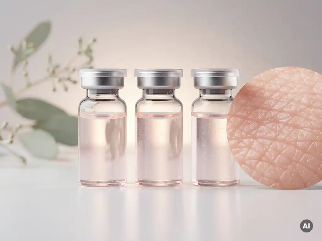 Drie glazen flacons met luminescerend serum op wit oppervlak, naast een vergroot huidstructuur doorsnede met botanische elementen.