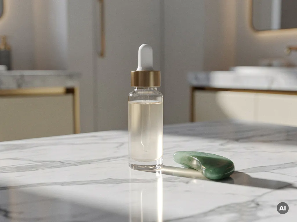 Glazen flesje lumineus serum op wit marmer naast een jade gezichtstool, verlicht met dramatisch zijlicht.