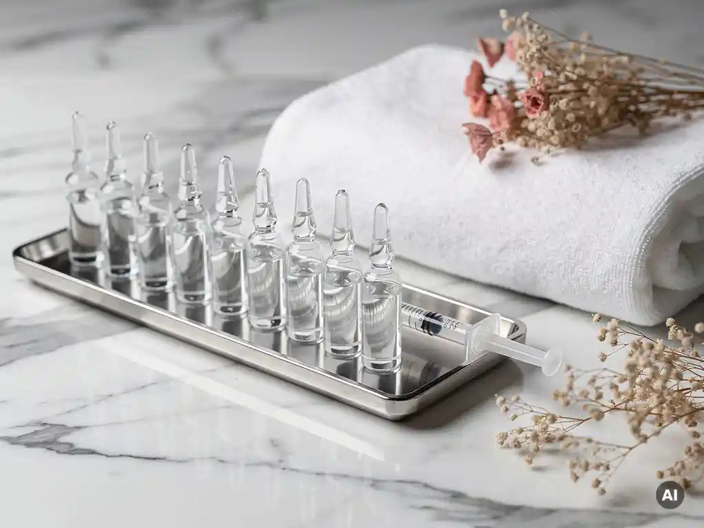 Glazen skinbooster-ampullen en medische spuit op witte marmeren tray, omringd door gedroogde botanicals en gevouwen handdoek.