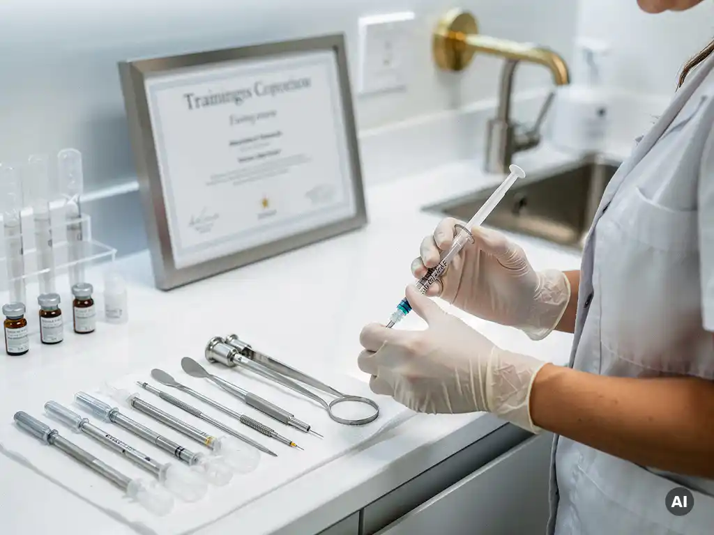 Esthetisch professional met handschoenen bereidt skinbooster-injectie voor aan klinisch werkstation met steriele tools en certificaat.