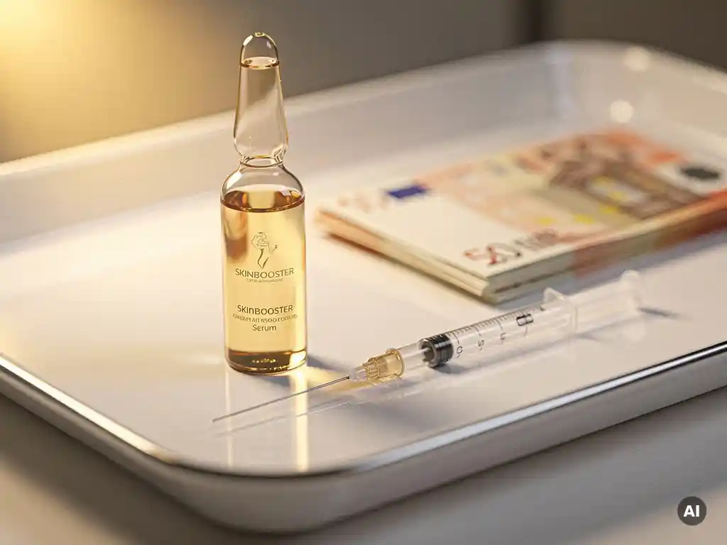 Glazen skinbooster-ampul naast eurobiljetten en een injectienaald op een wit klinisch dienblad.