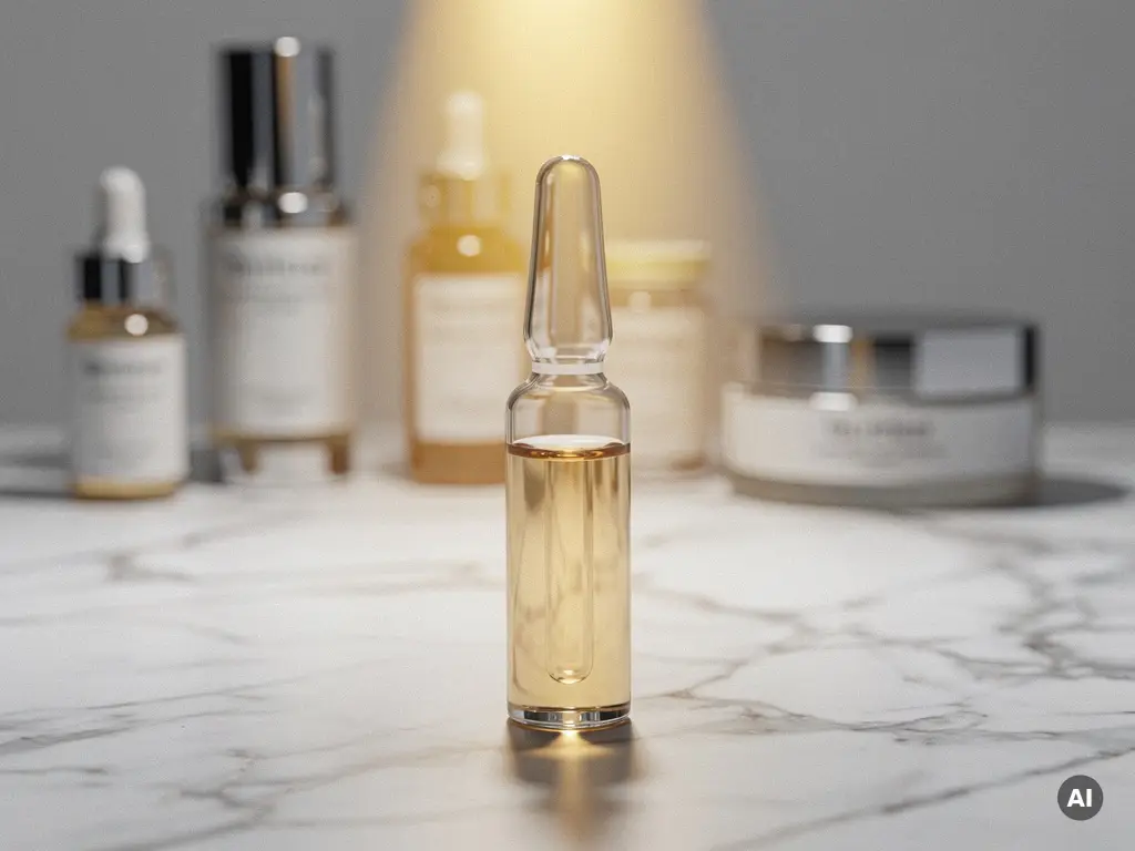 Glazen skinbooster serum-ampul op wit marmer, verlicht door warm goudkleurig licht, met onscherpe concurrerende producten op de achtergrond.